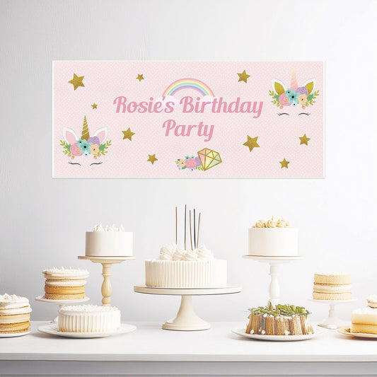 Unicorn birthday party personalised banner in satin paper