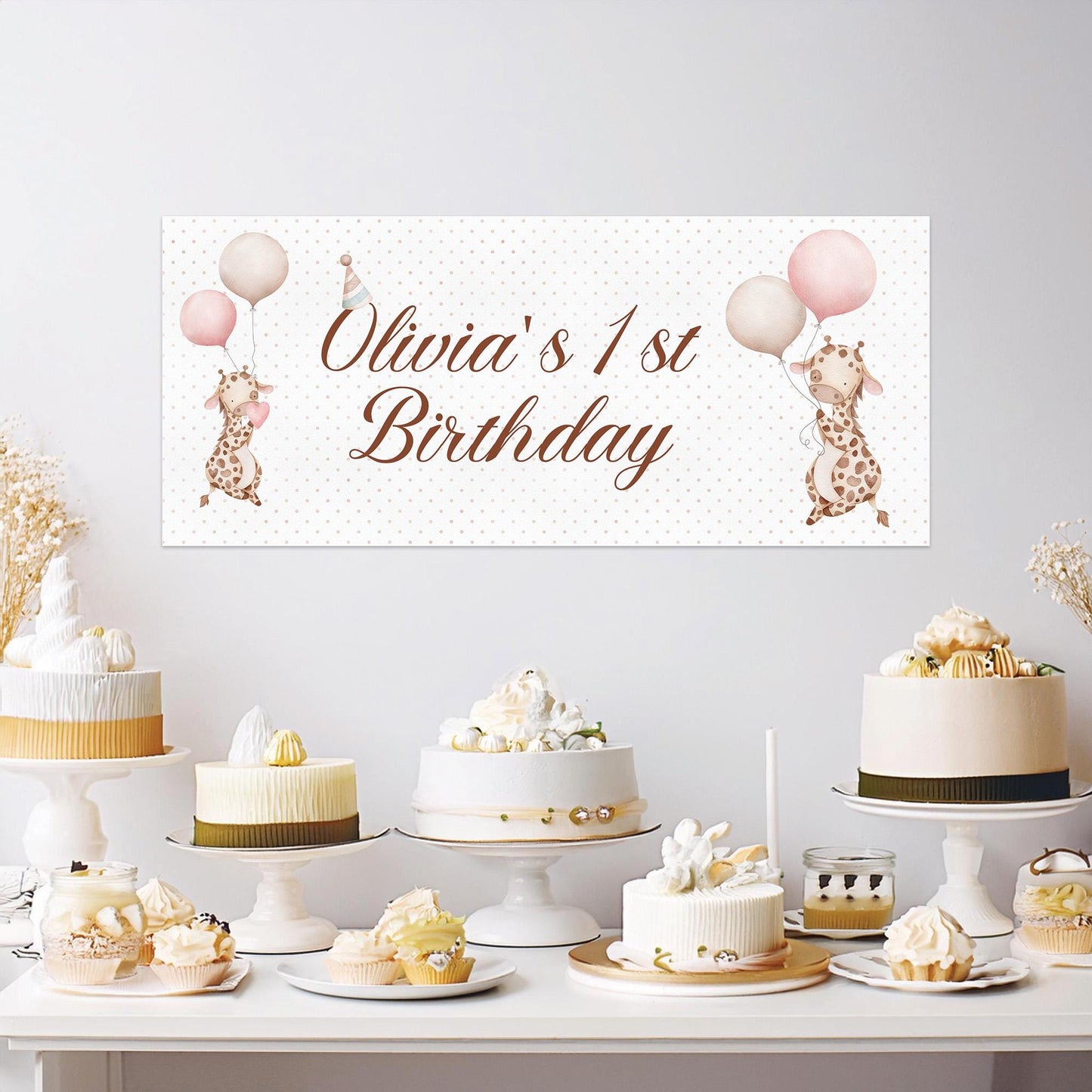 Personalised Giraffe 1st Birthday Banner – Baby Girl Party Décor
