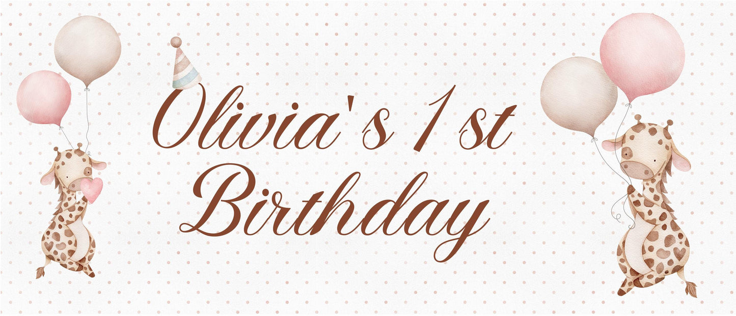 Personalised Giraffe 1st Birthday Banner – Baby Girl Party Décor