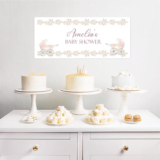 Personalised girl baby shower banner on luxury satin paper (approx 43 cm × 1 m) with custom text in pink-toned design