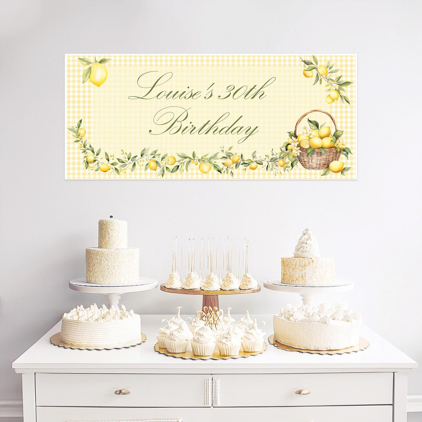 A customisable birthday banner with an Italian lemon theme. It's printed on satin paper and can have custom wording.