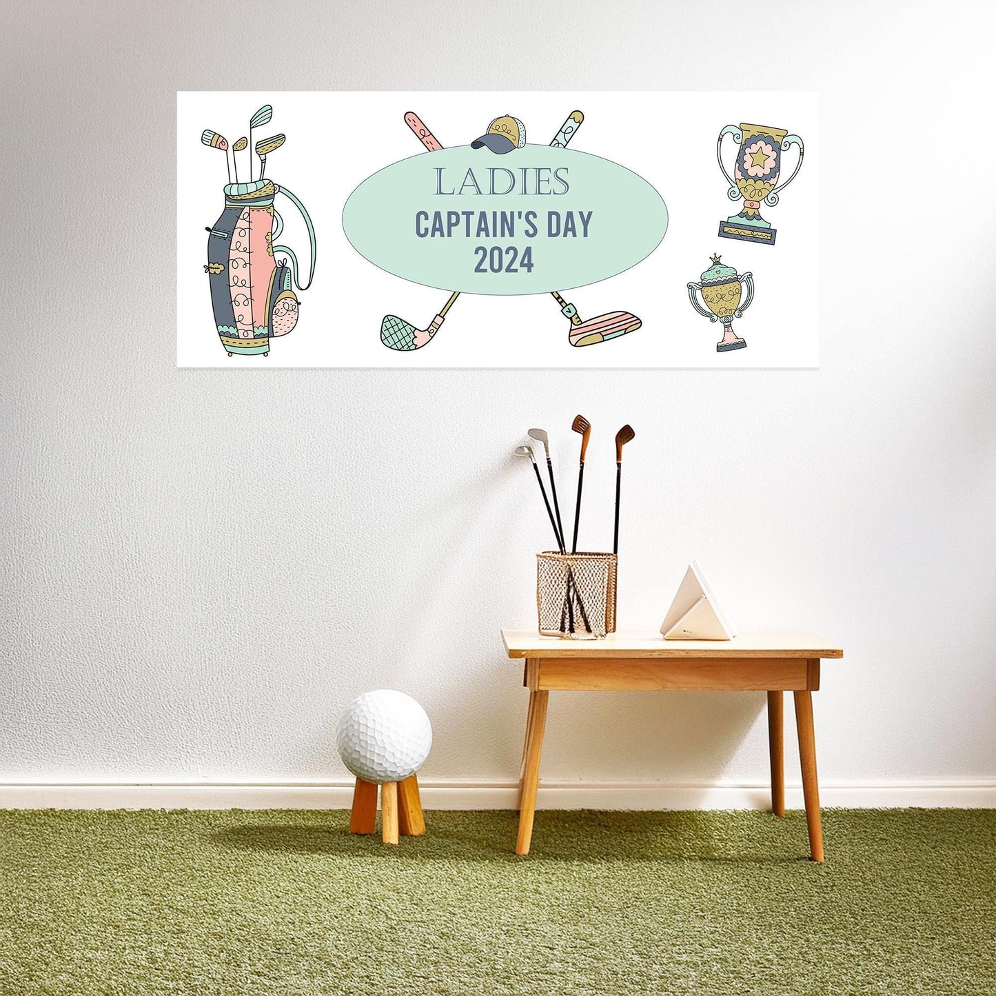 This is a customisable, golf-themed banner designed for parties. It's printed on luxe satin paper and delivered rolled, making it ideal for party decorations.