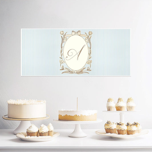 Personalised pastel blue striped monogram banner on luxury satin paper with up to two initials, classic French-style design