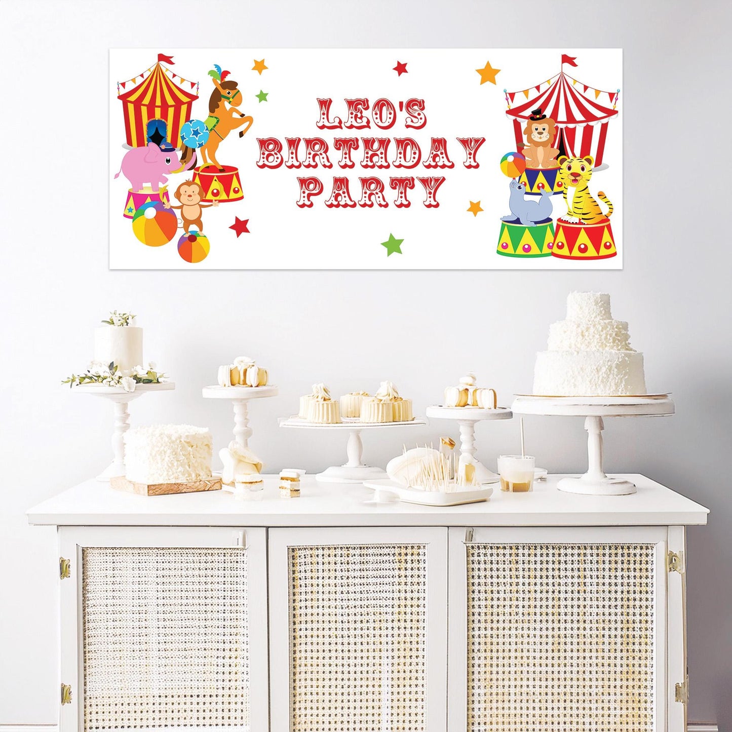 Personalised Circus Birthday Banner – Luxury Satin Paper Decoration