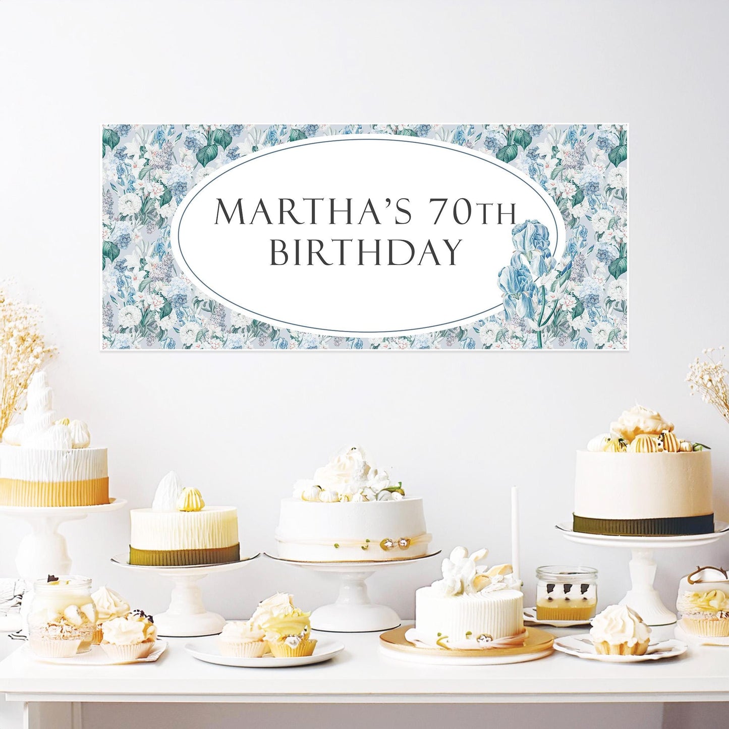 Elegant Custom Blue Floral Birthday Banner