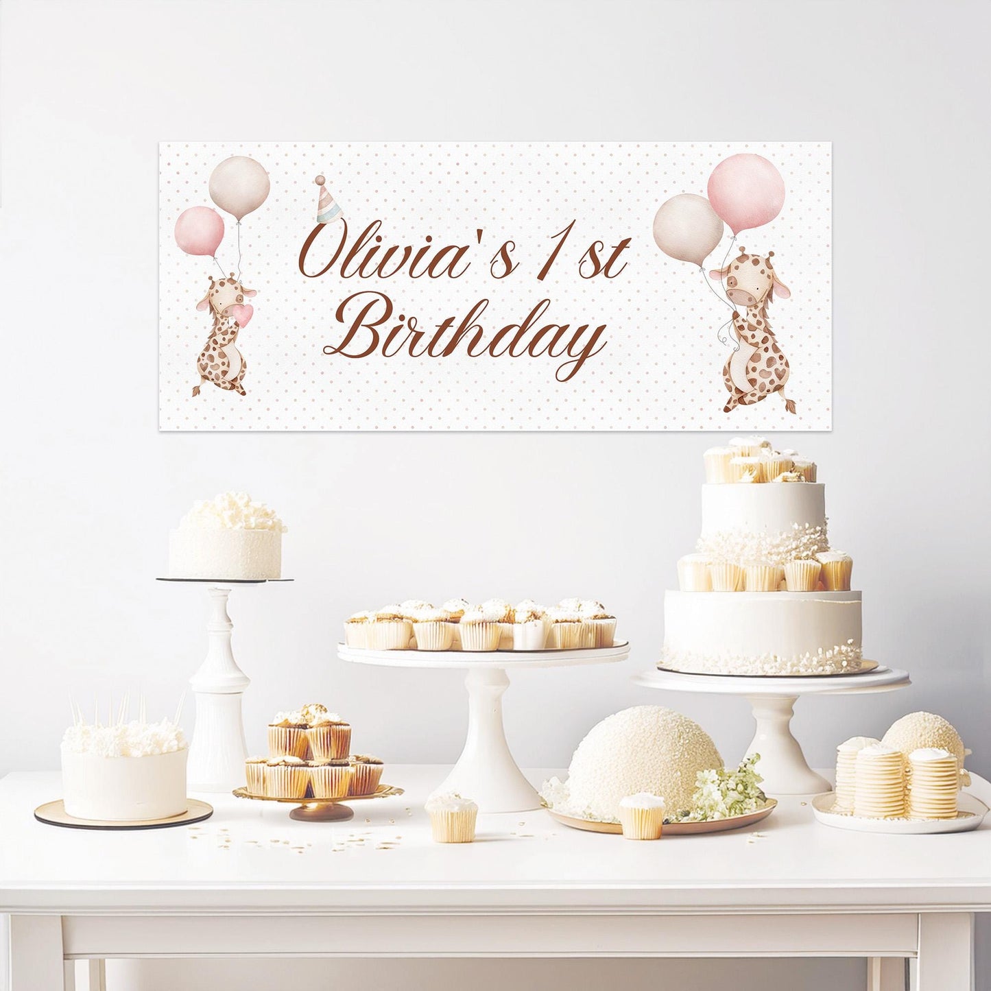 A personalised banner for a girl's first birthday, also suitable for other occasions like baby showers, christenings, and baptisms.