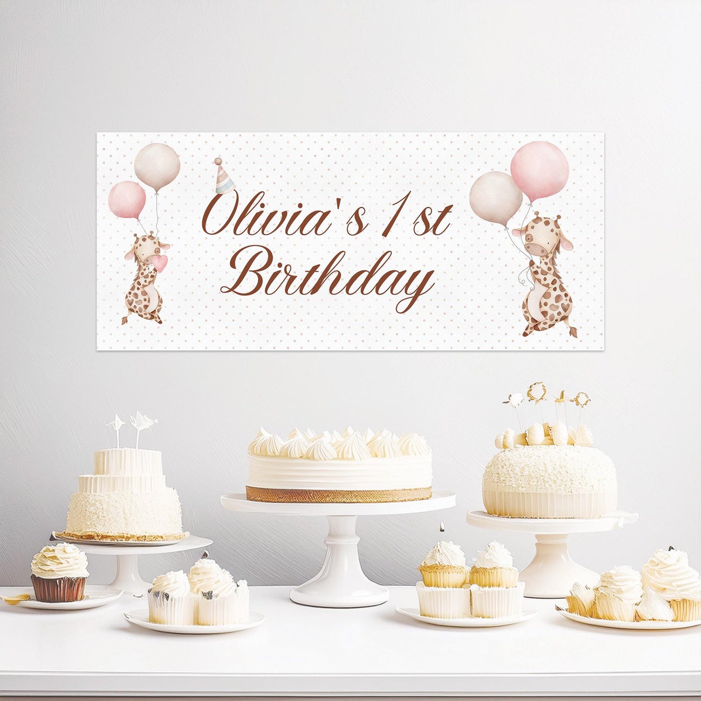 Personalised Giraffe 1st Birthday Banner – Baby Girl Party Décor
