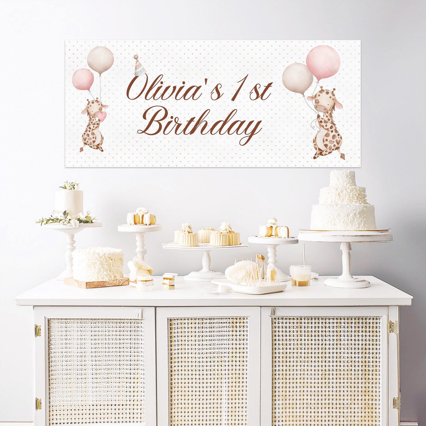 Personalised Giraffe 1st Birthday Banner – Baby Girl Party Décor