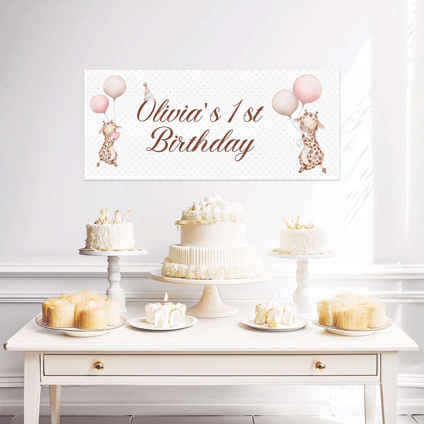 Personalised Giraffe 1st Birthday Banner – Baby Girl Party Décor