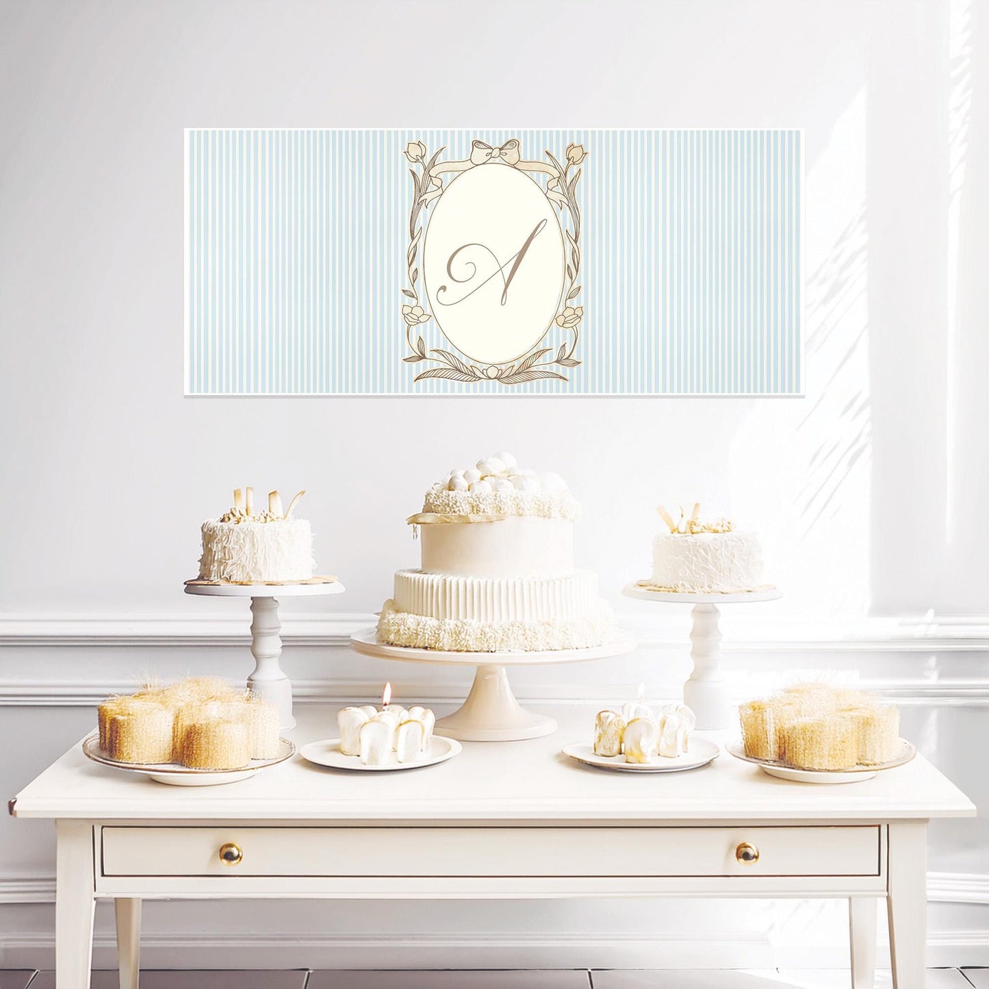 Personalised Pastel Blue Striped Monogram Banner – French Style Party Decoration