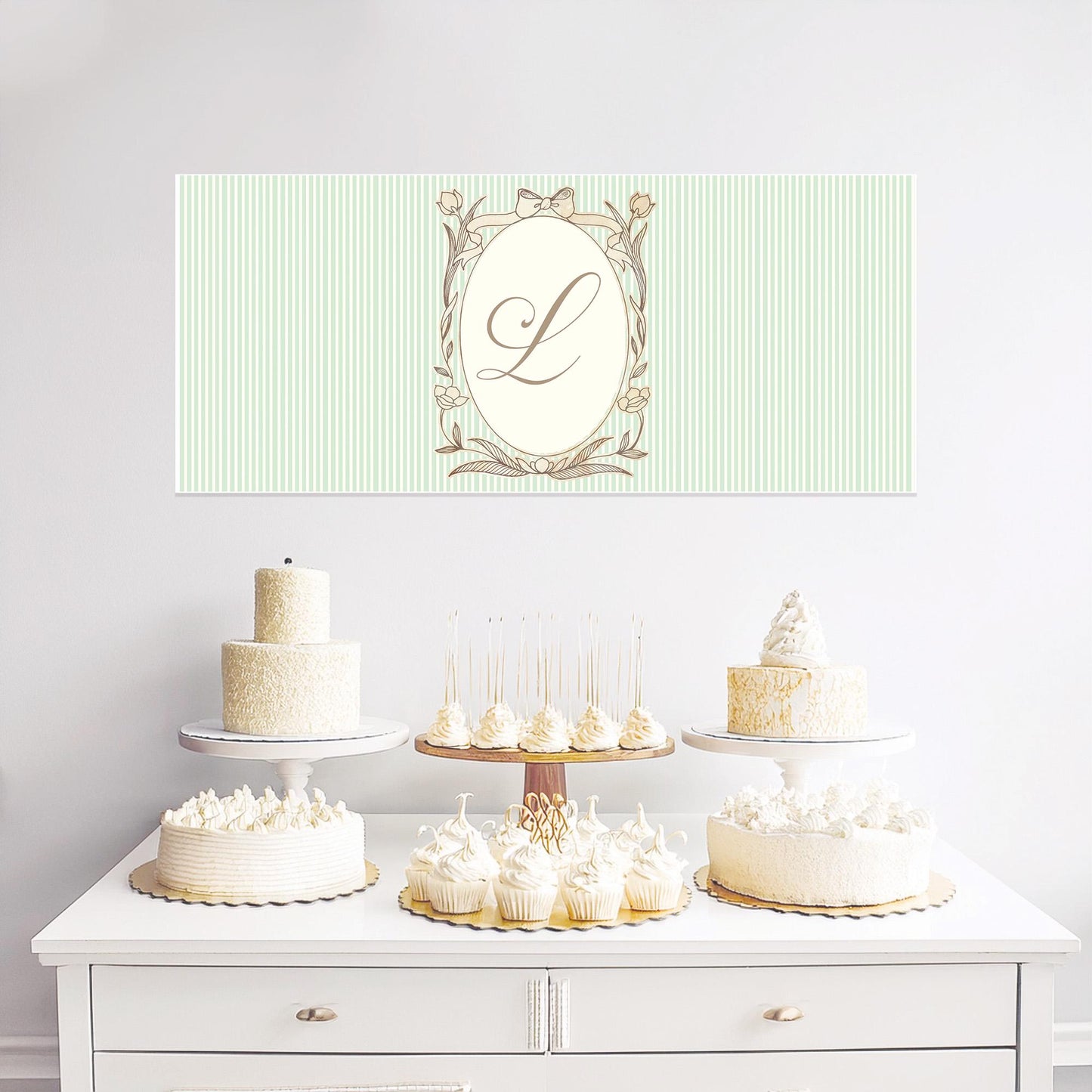 Personalised French-Style Birthday Banner – Soft Green Stripes & Monogram