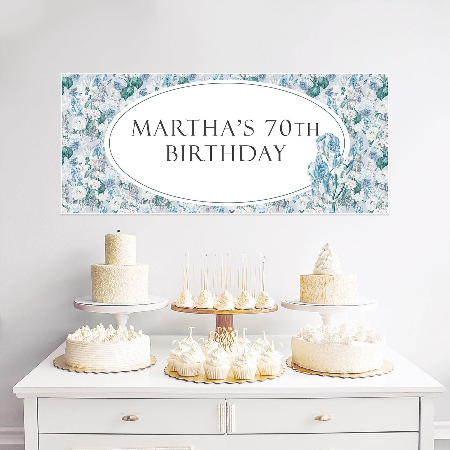 Elegant Custom Blue Floral Birthday Banner