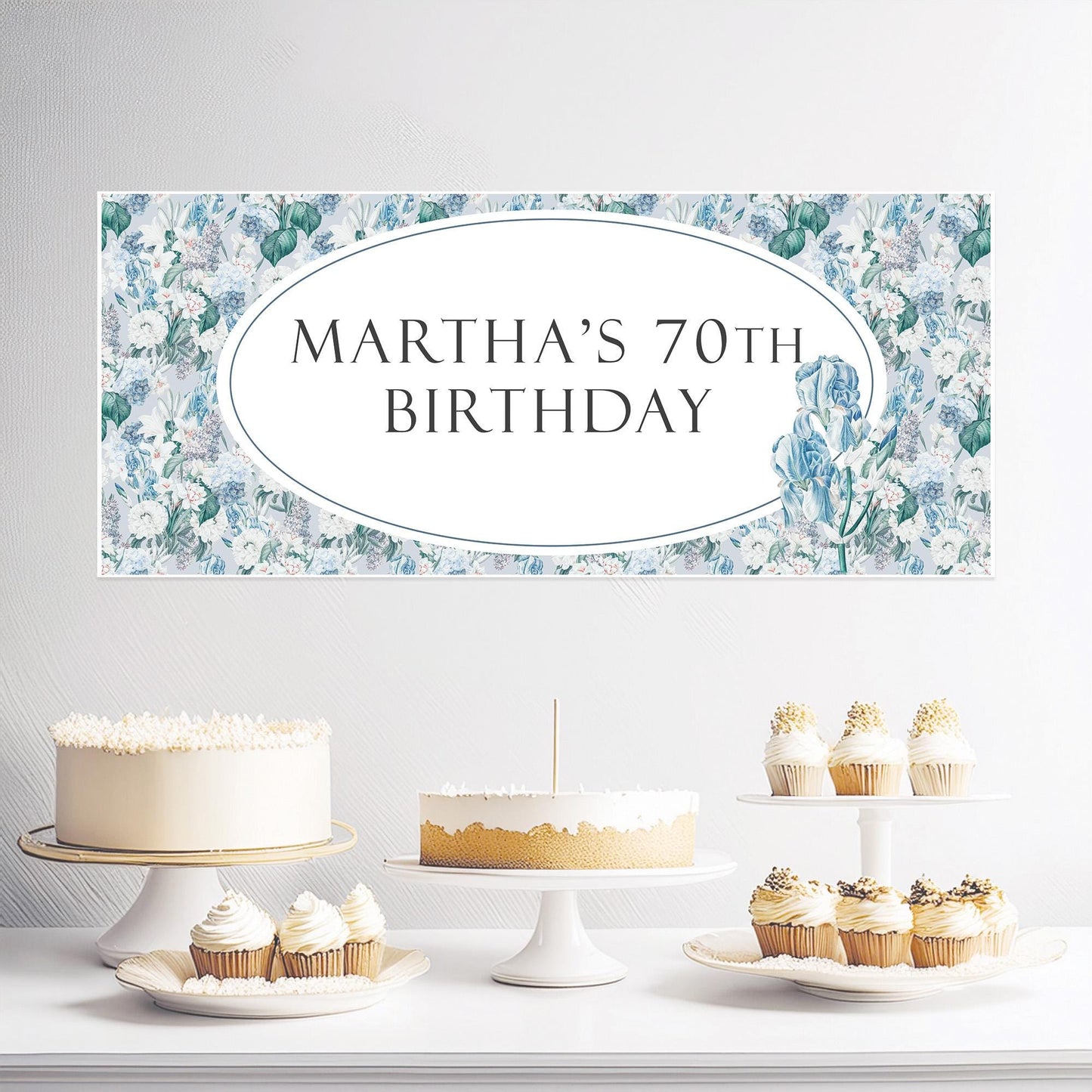 Elegant Custom Blue Floral Birthday Banner