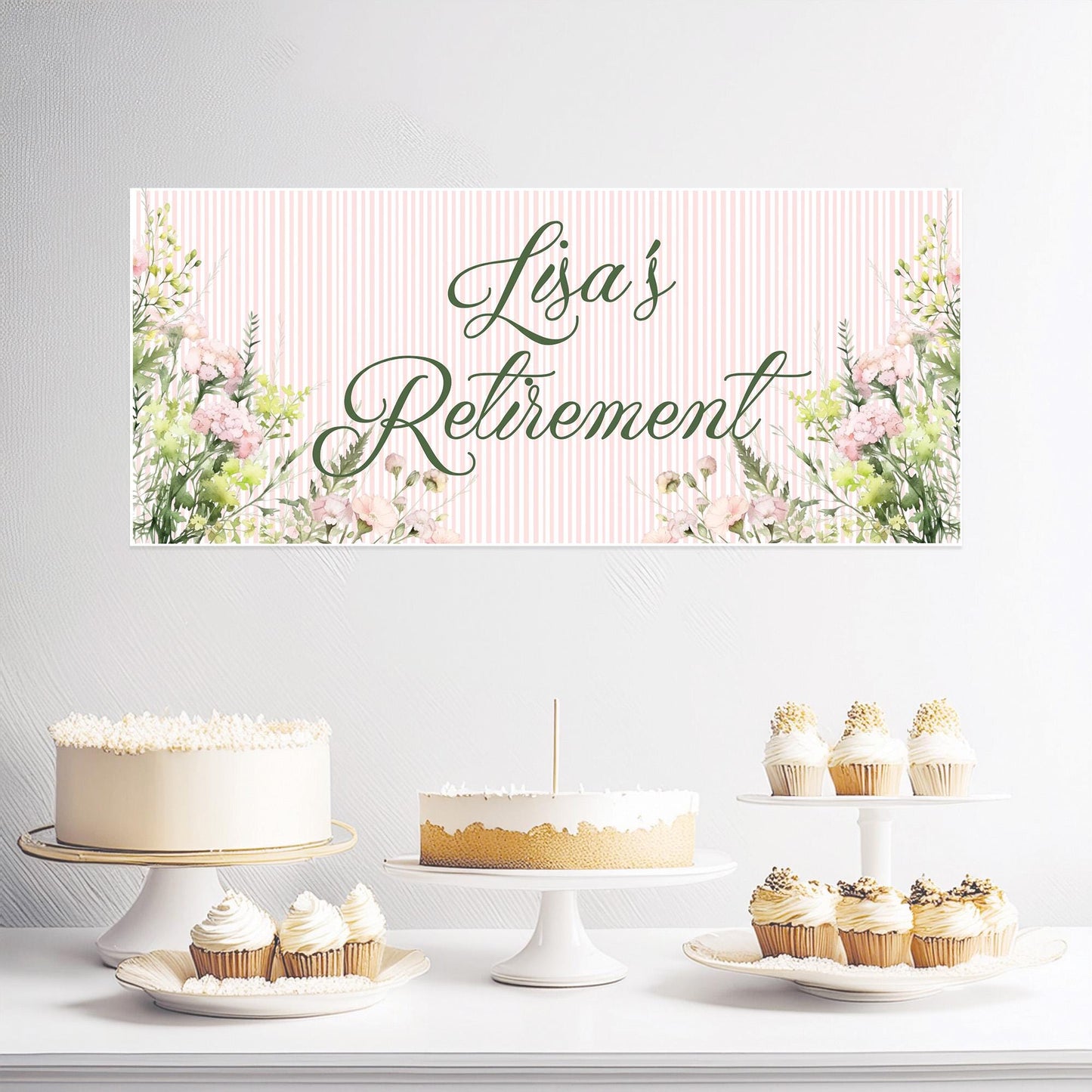 A customisable pink floral retirement party banner printed on satin paper. It can be used for retirement, birthdays, or other celebrations.