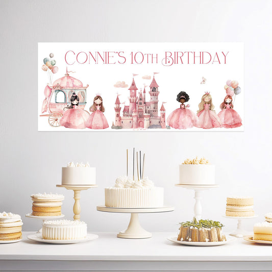 Personalised princess birthday banner on luxury satin paper with name and age