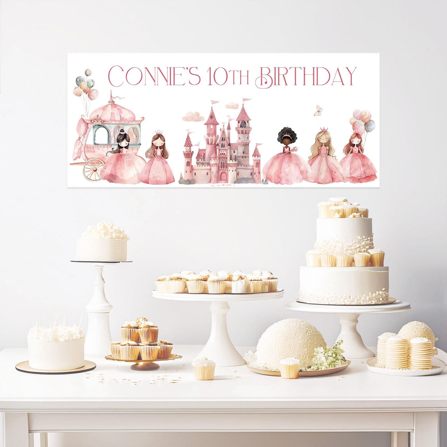 Personalised Princess Birthday Banner – Luxury Satin Paper Party Decoration