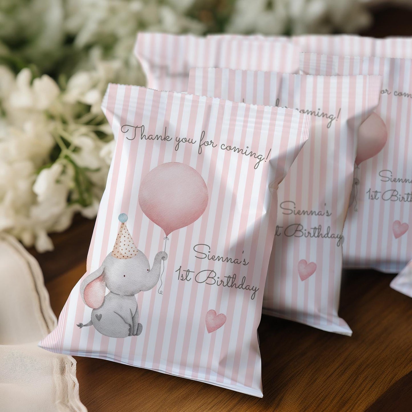 Baby Elephant 1st Birthday Party Bags – Personalised Girls’ Favours (Set of 10)
