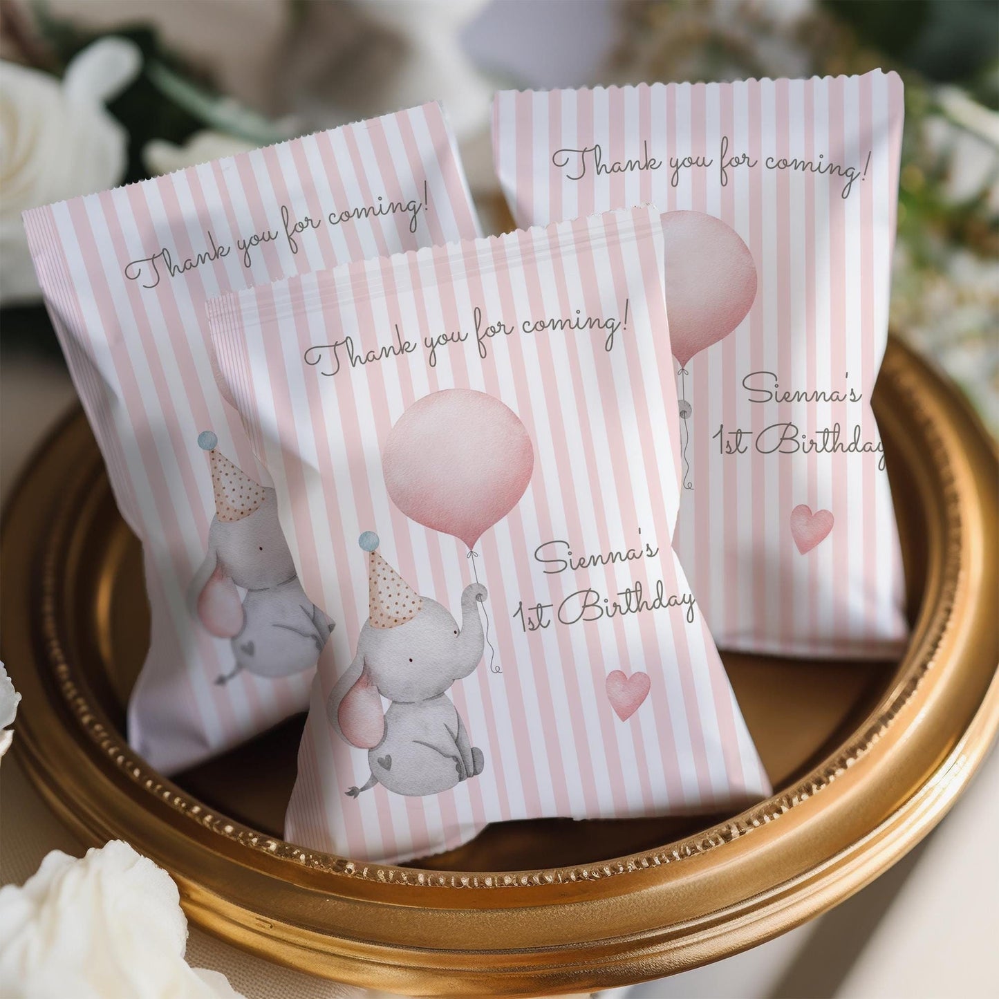 Baby Elephant 1st Birthday Party Bags – Personalised Girls’ Favours (Set of 10)