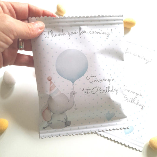 Personalised boy’s 1st birthday favour bag with cute cartoon elephant holding a balloon, matte-finish paper, reads ‘Thank you for coming!’, customisable with name and occasion