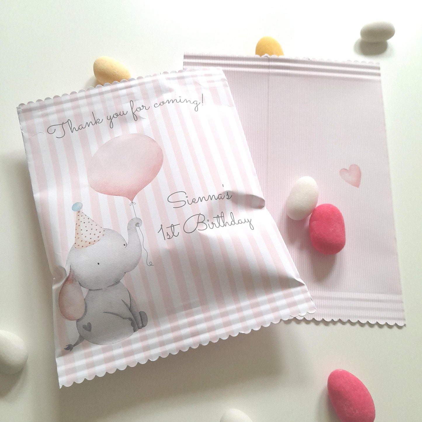 Baby Elephant 1st Birthday Party Bags – Personalised Girls’ Favours (Set of 10)