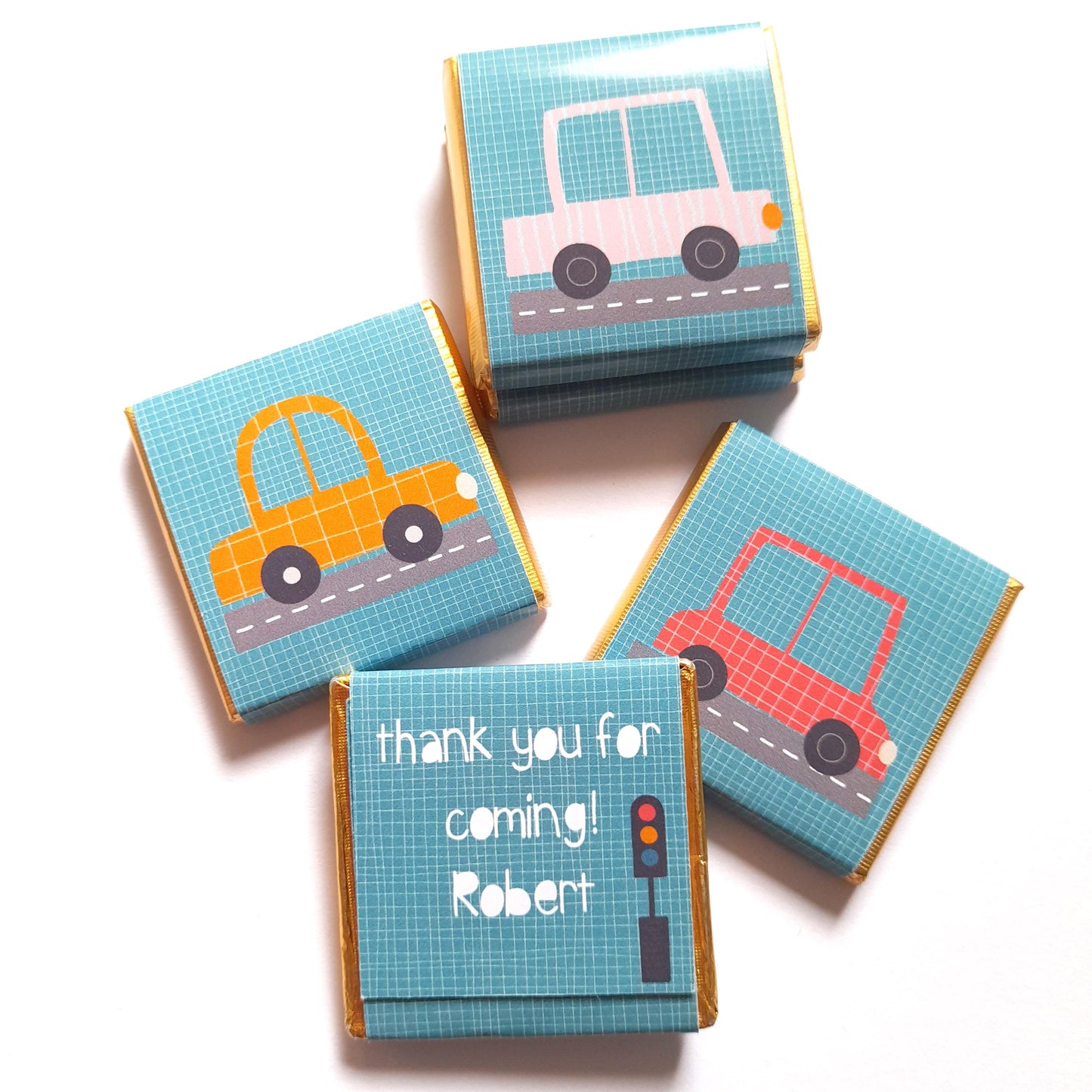 Personalised chocolate favours featuring a Cars theme, suitable for birthdays, baby showers, christenings, or race car parties.