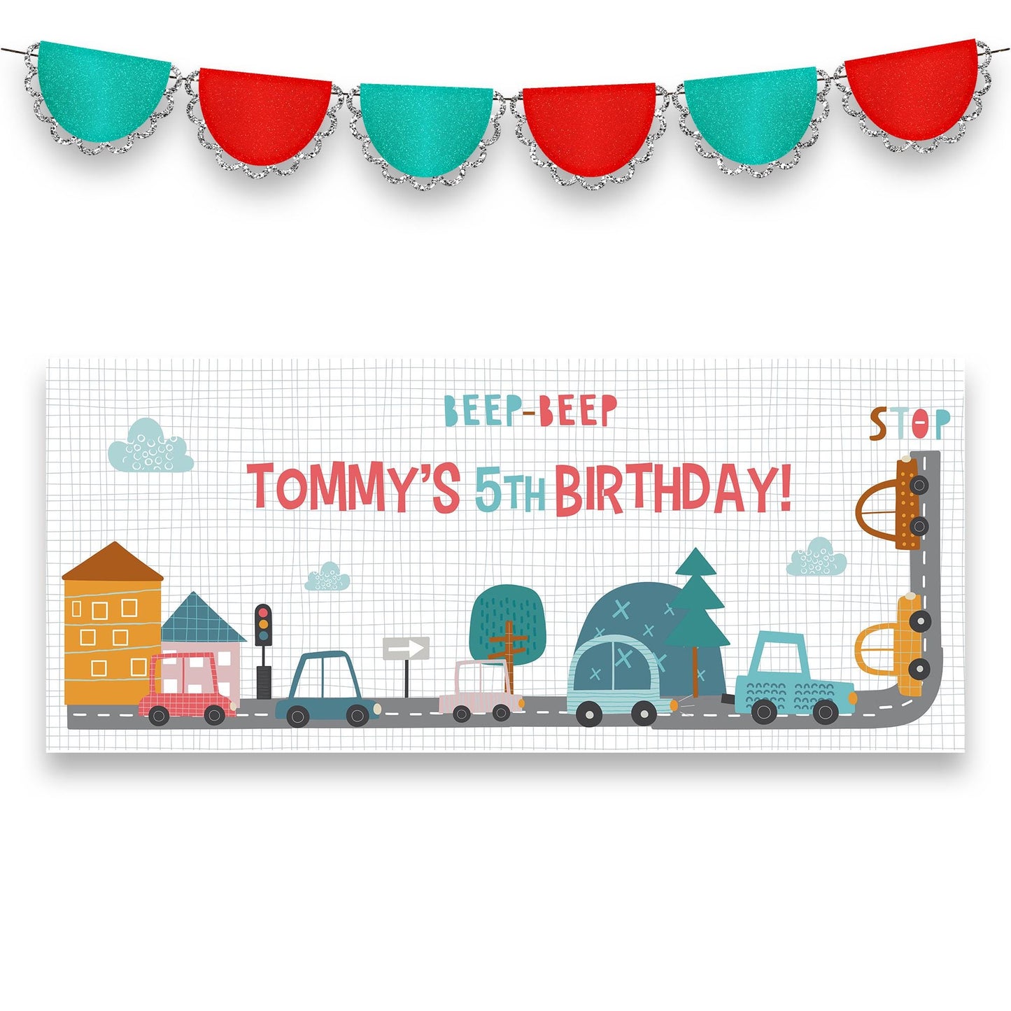 Vibrant Personalised Car-Themed Birthday Banner