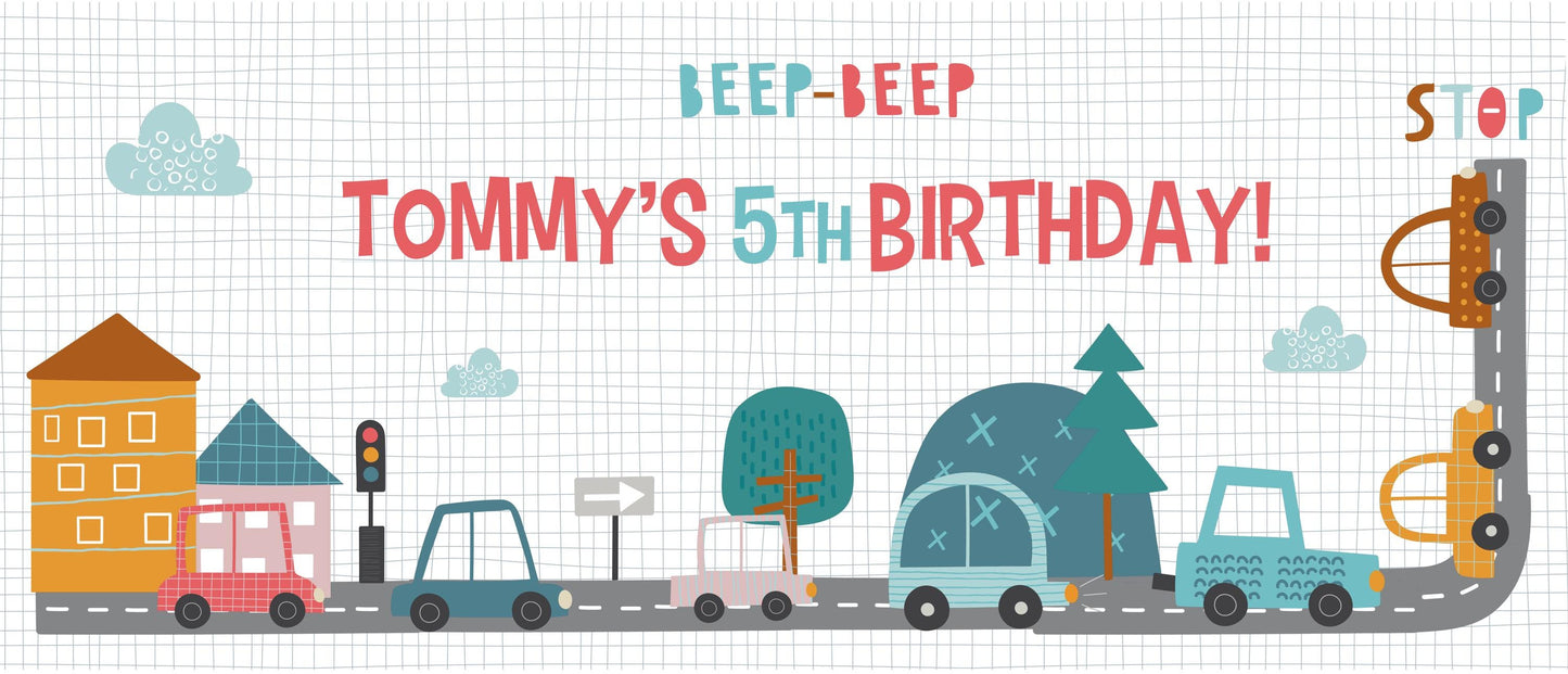 Vibrant Personalised Car-Themed Birthday Banner
