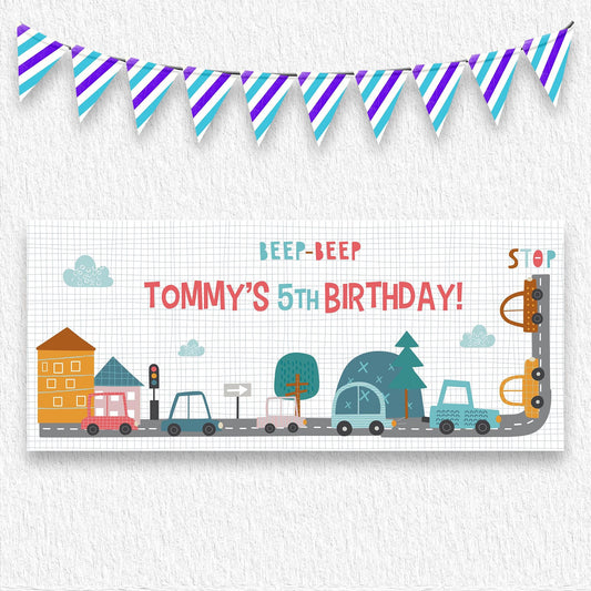 Vibrant Personalised Car-Themed Birthday Banner