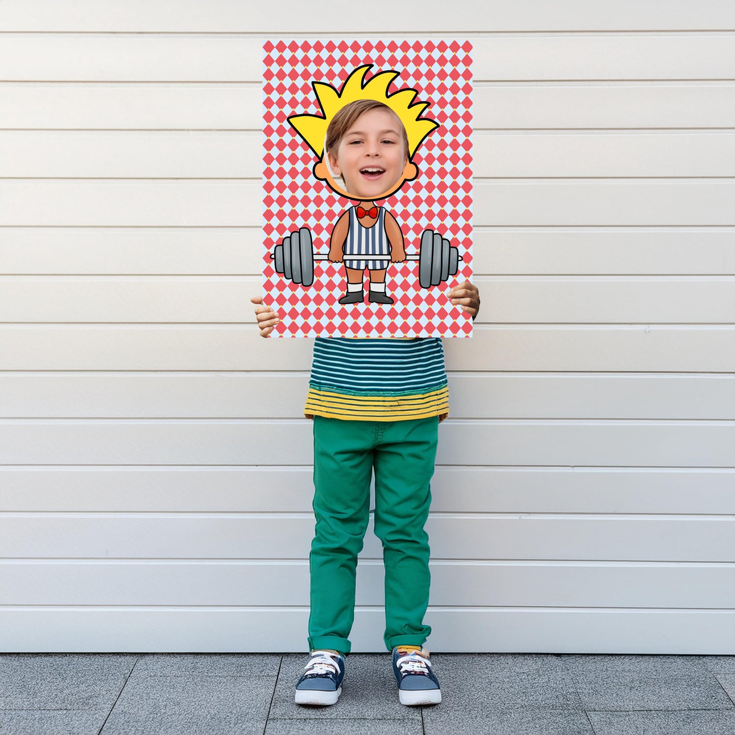 A circus-themed strongman photo booth prop crafted from lightweight 5 mm foam, ideal for birthdays, fun fairs, and other party events.