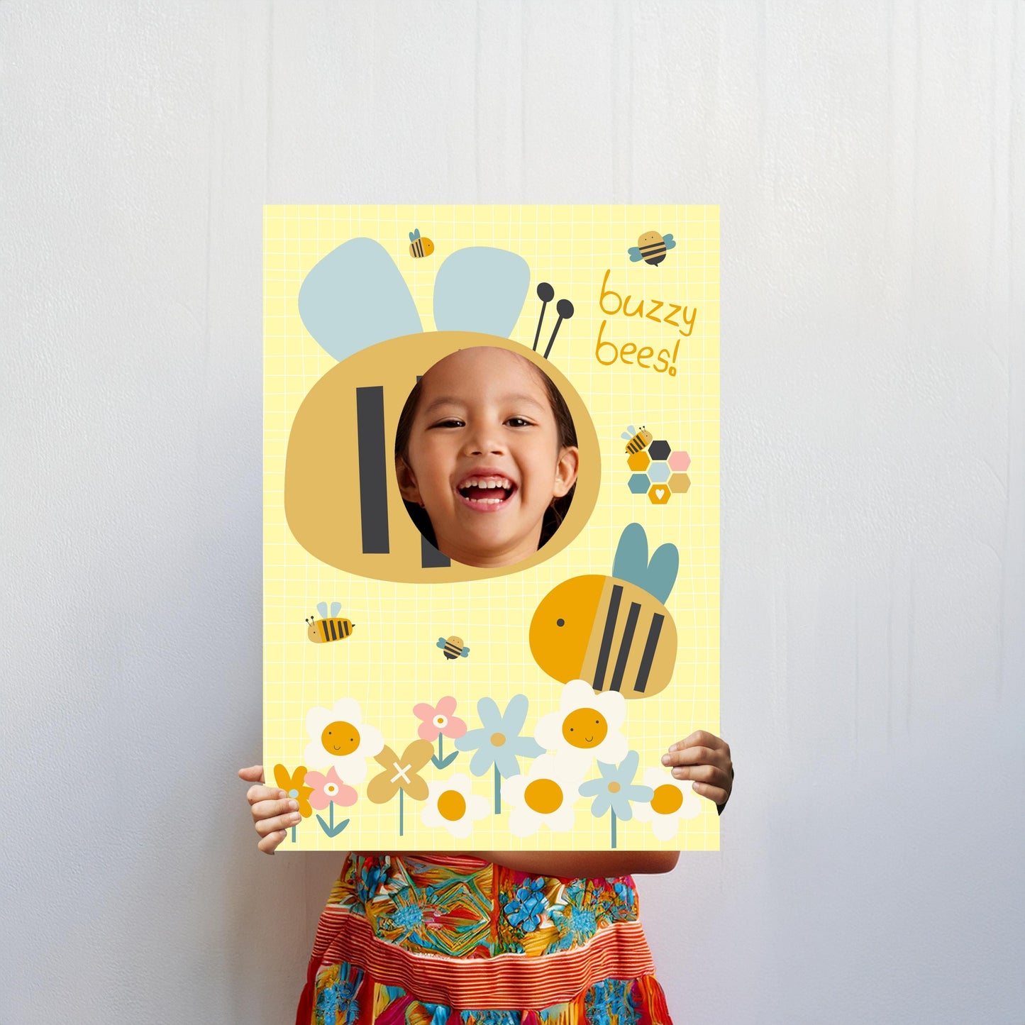 A cheerful face-in-the-hole photo booth prop designed as a bee. It's made from lightweight 5 mm foam, making it suitable for birthdays, school events, and other playful photo opportunities.