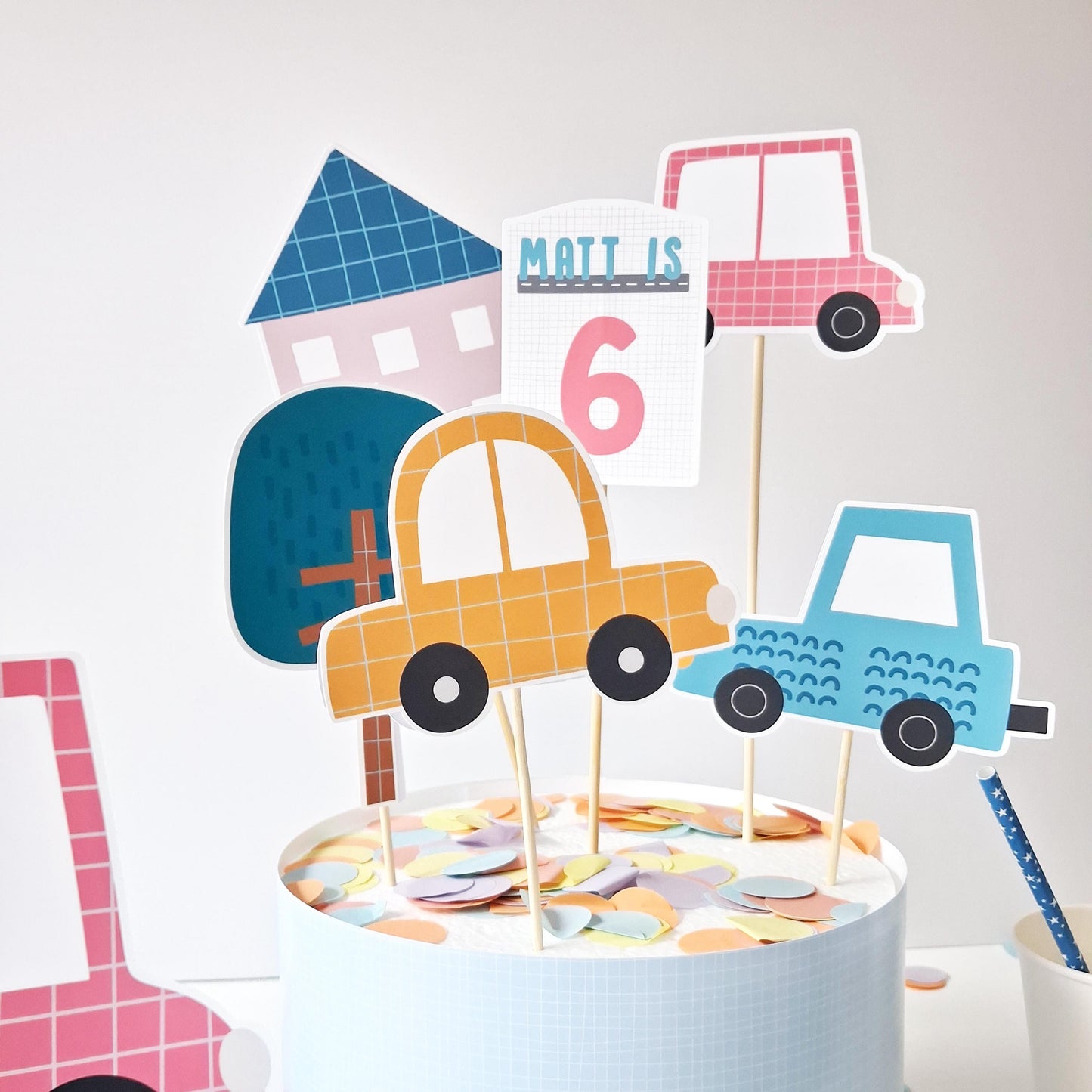 Personalised Car Birthday Cake Topper Set – Transportation Party Décor