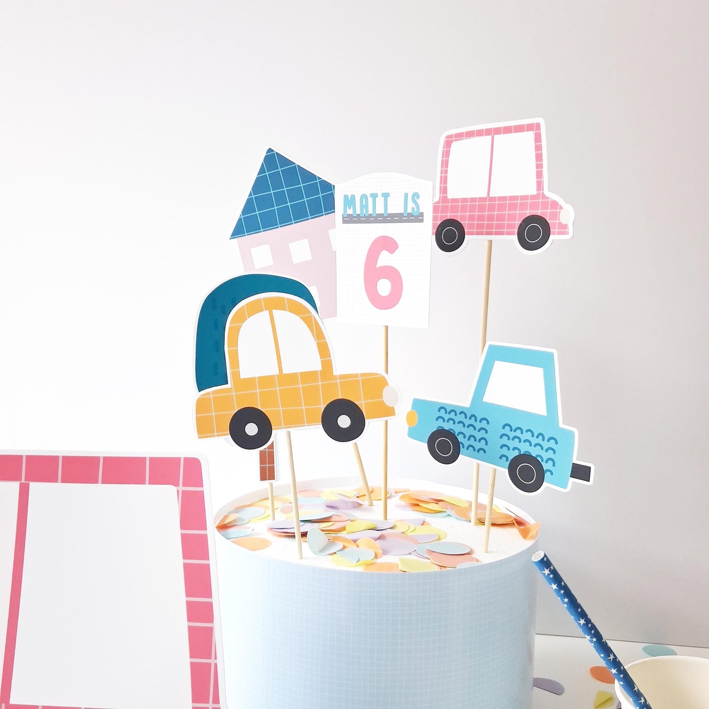 Personalised Car Birthday Cake Topper Set – Transportation Party Décor