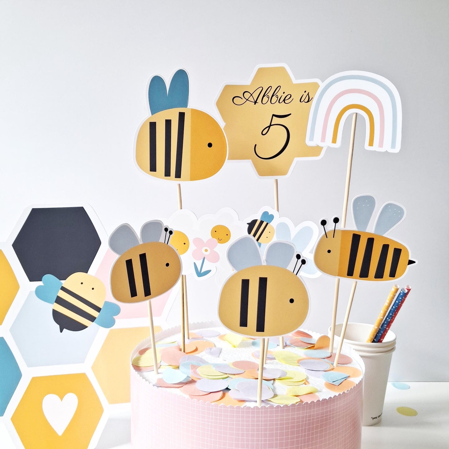 Personalised Bee Cake Topper Set – Bumblebee Birthday Party Decorations