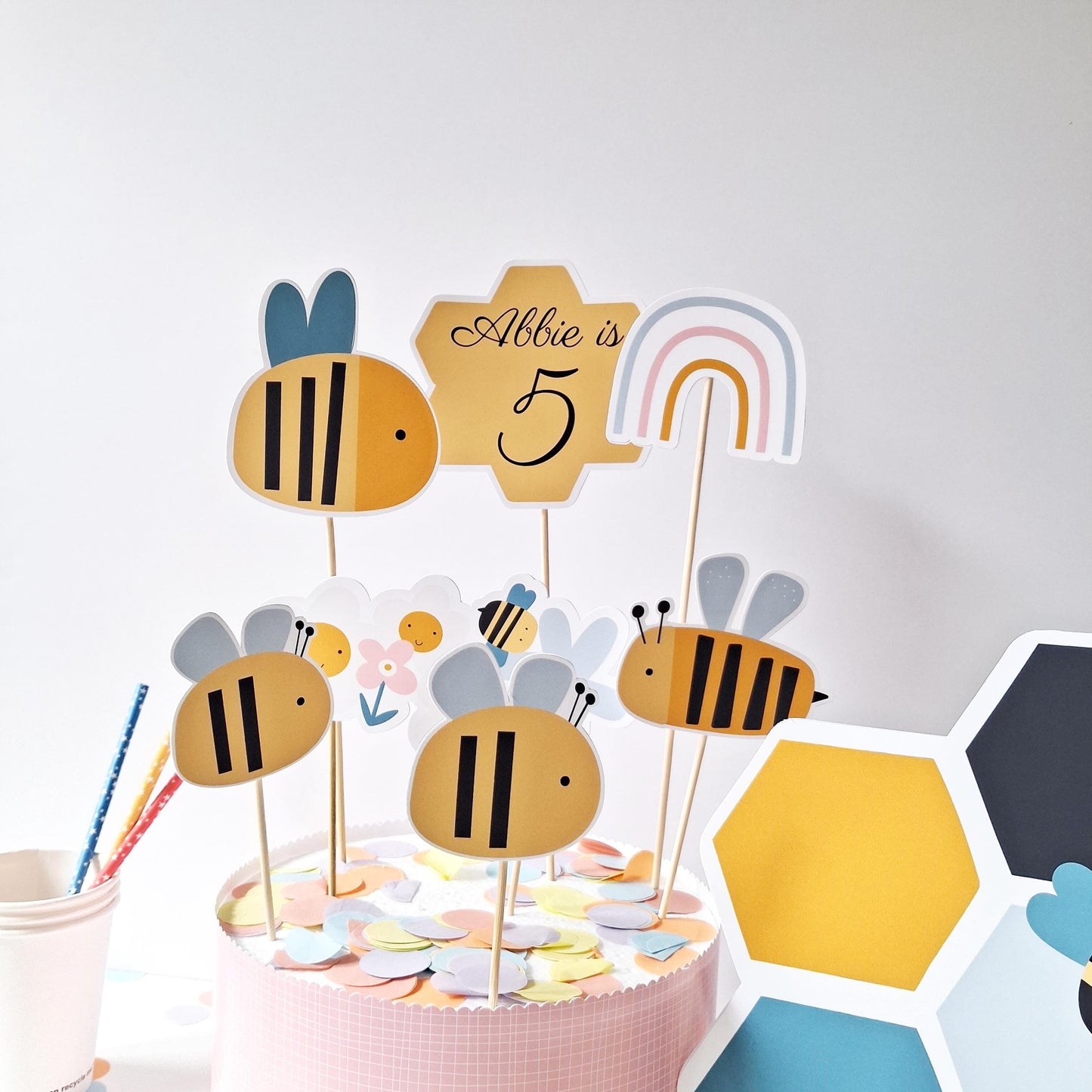 Personalised Bee Cake Topper Set – Bumblebee Birthday Party Decorations