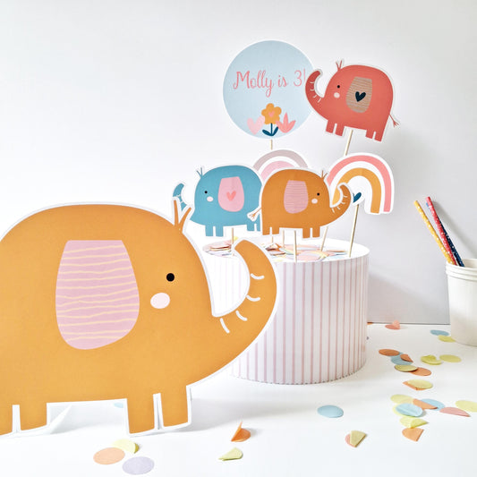 Personalised Rainbow Elephant Cake Topper Set