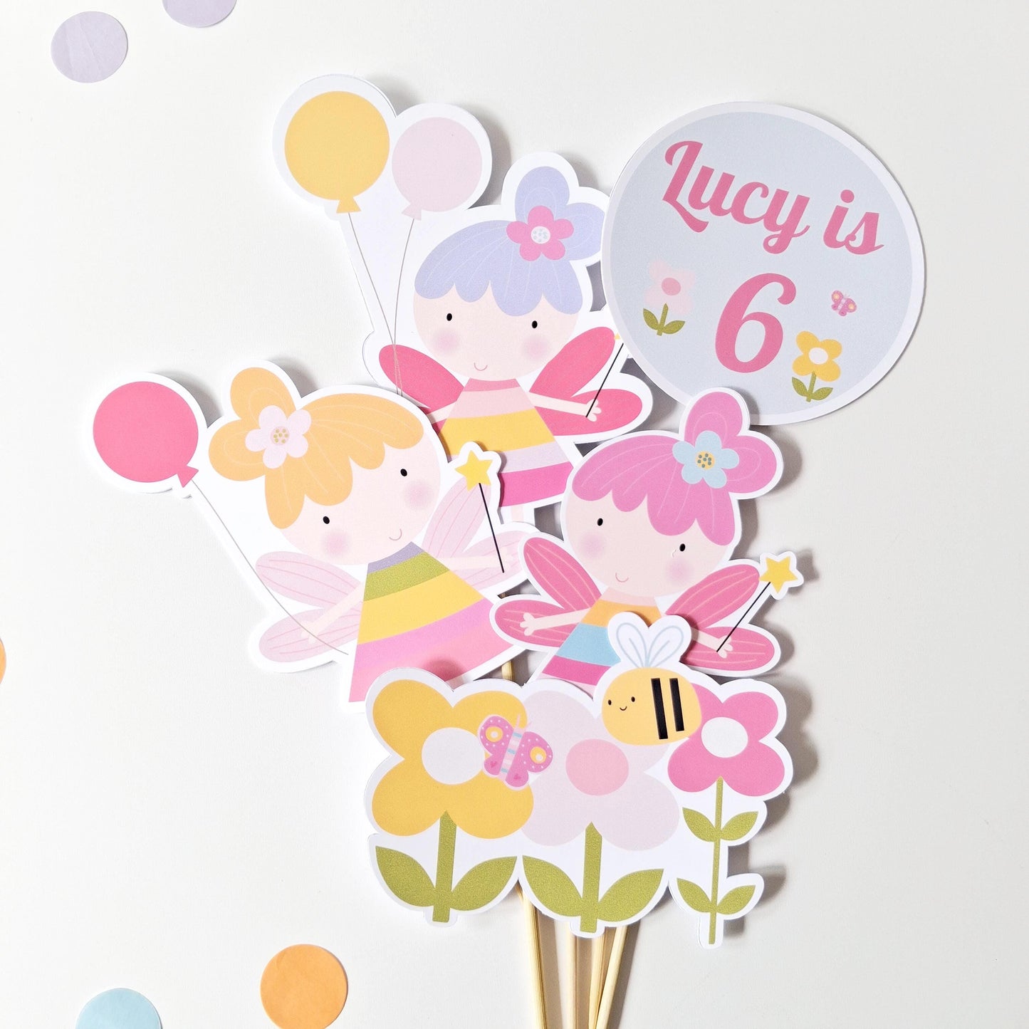 Magical Flower Fairy Cake Topper Set with Freestanding Figure – Personalised Party Decor