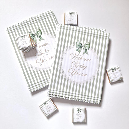 Personalised Sage Green Baby Shower Favour Bags – Welcome Baby (Pack of 10)