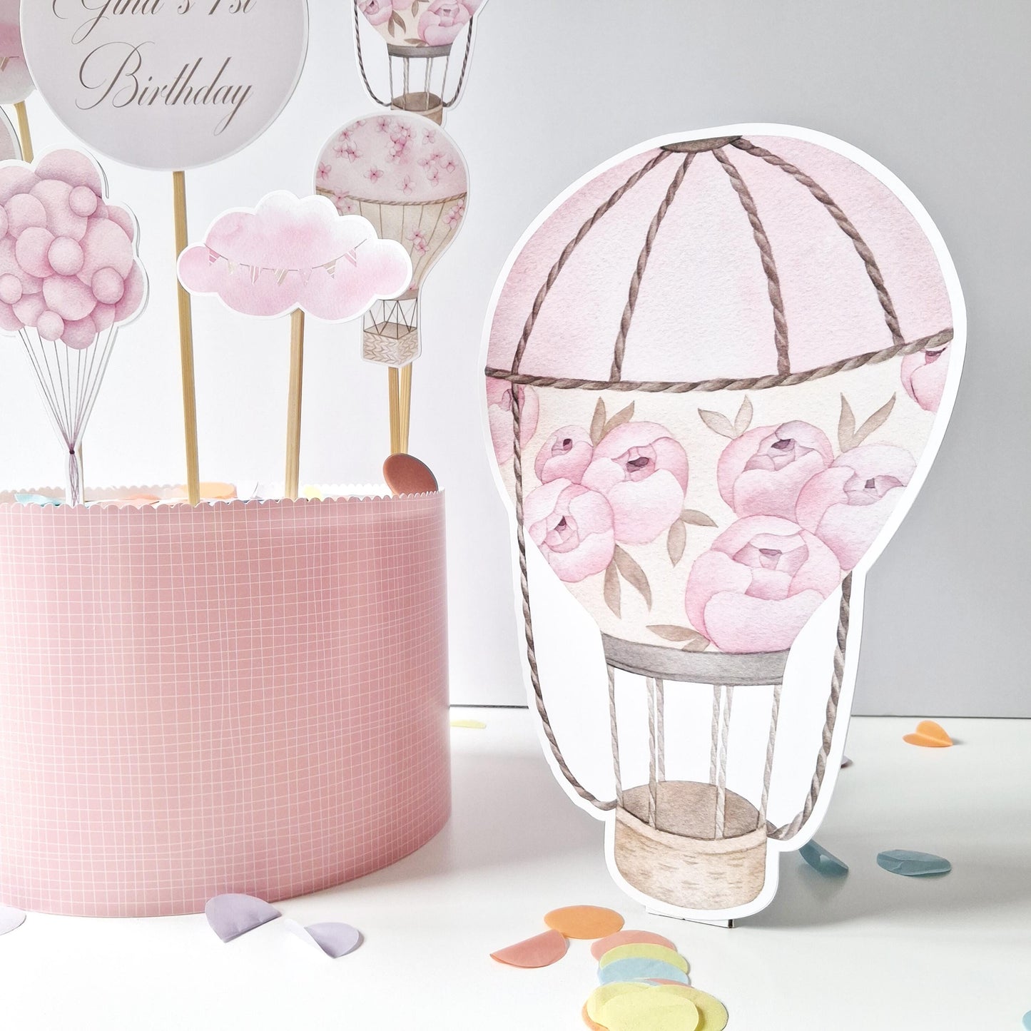 Personalised Hot Air Balloon Cake Topper Set – Pink Floral