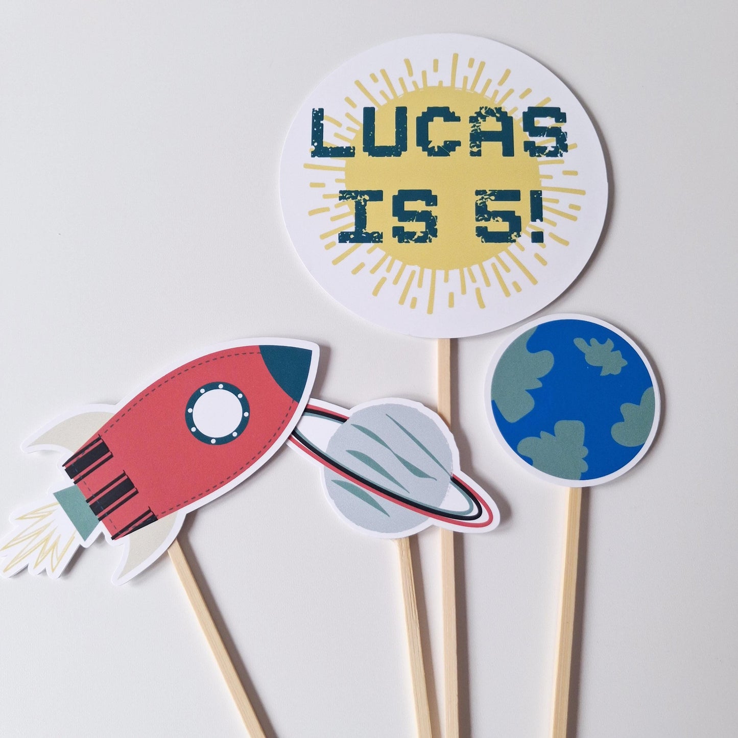 Personalised Space Cake Topper Set – Alien, Rocket and Planet Party Décor