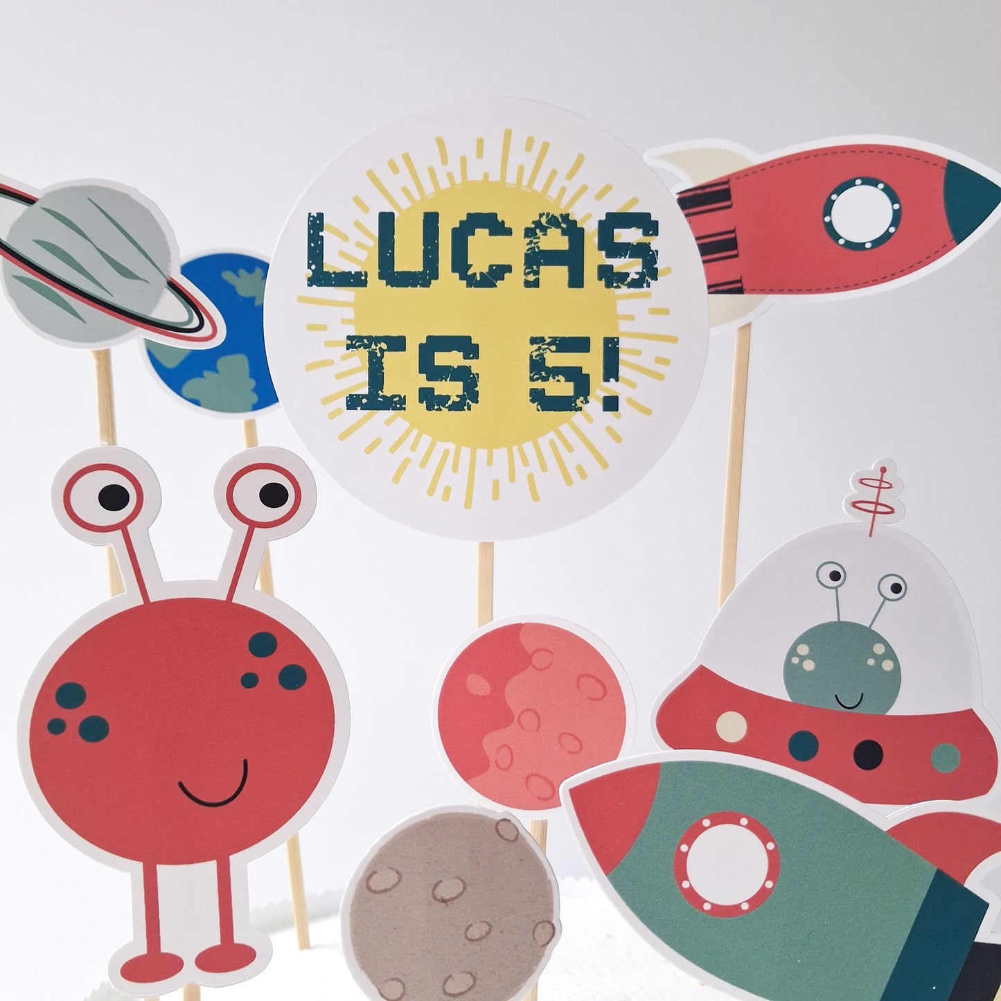 Personalised Space Cake Topper Set – Alien, Rocket and Planet Party Décor