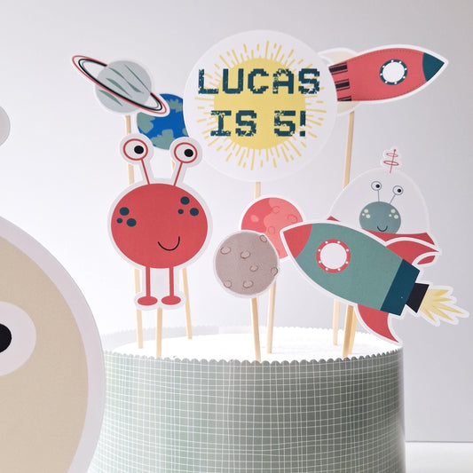 Personalised Space Cake Topper Set – Alien, Rocket and Planet Party Décor