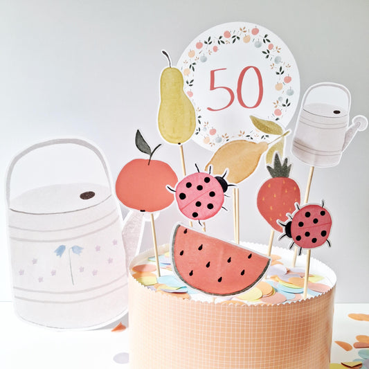 A handmade, personalised cake topper set with fruit and ladybird designs, suitable for birthday or garden-themed celebration cakes.