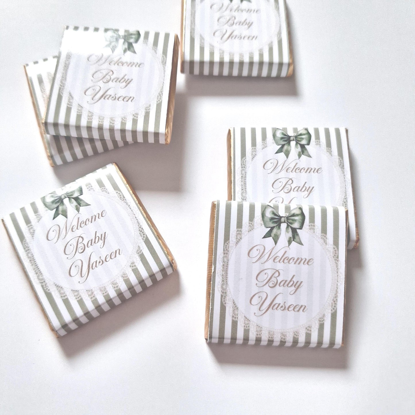 Personalised Sage Green Baby Shower Chocolate Favours – Welcome Baby (Pack of 25)