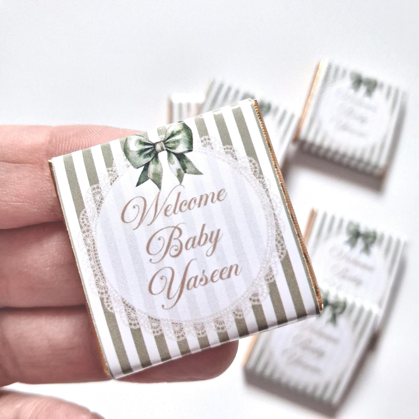 Personalised Sage Green Baby Shower Chocolate Favours – Welcome Baby (Pack of 25)