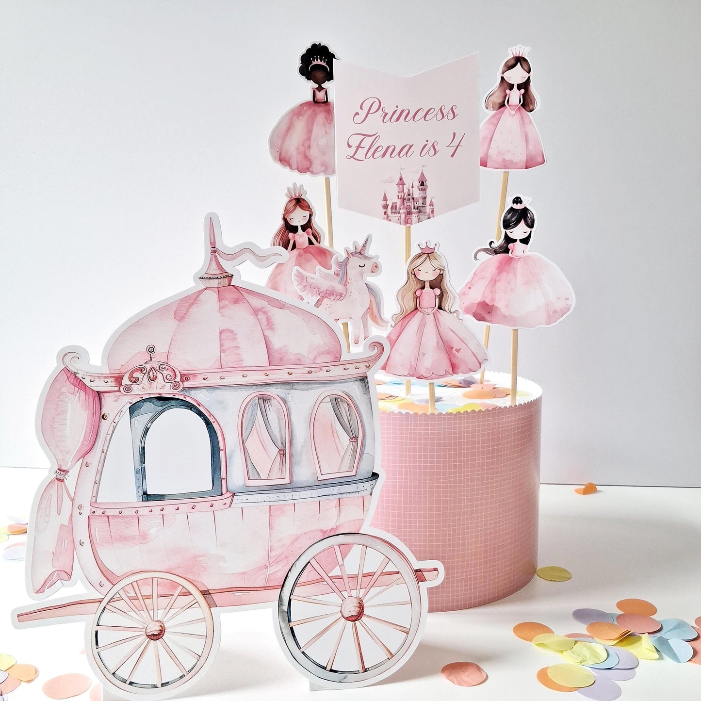 Princess Cake Topper Set – Carriage, Unicorn and Figurines