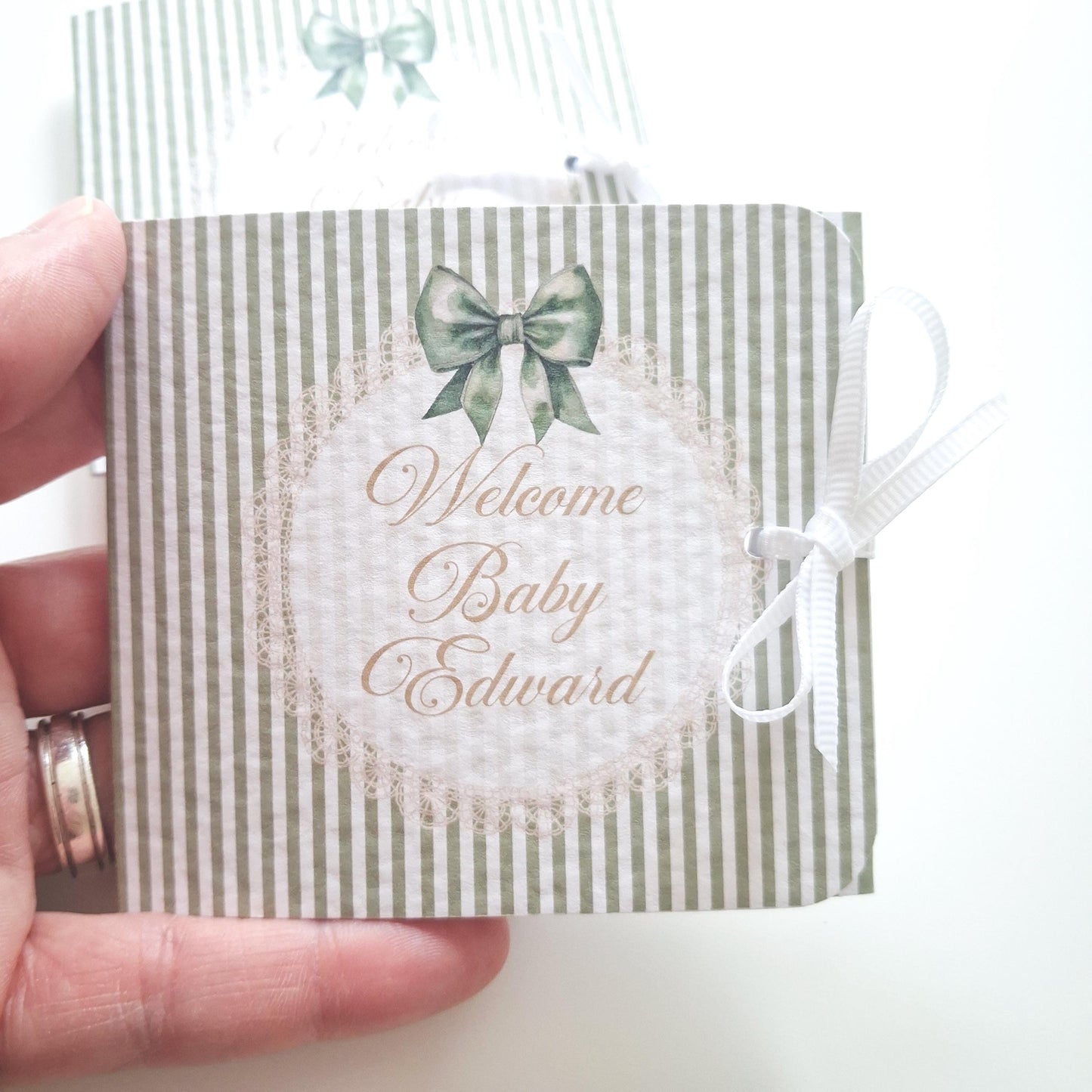 Personalised Sage Green Baby Shower Favours – Chocolate Thank-You Treats