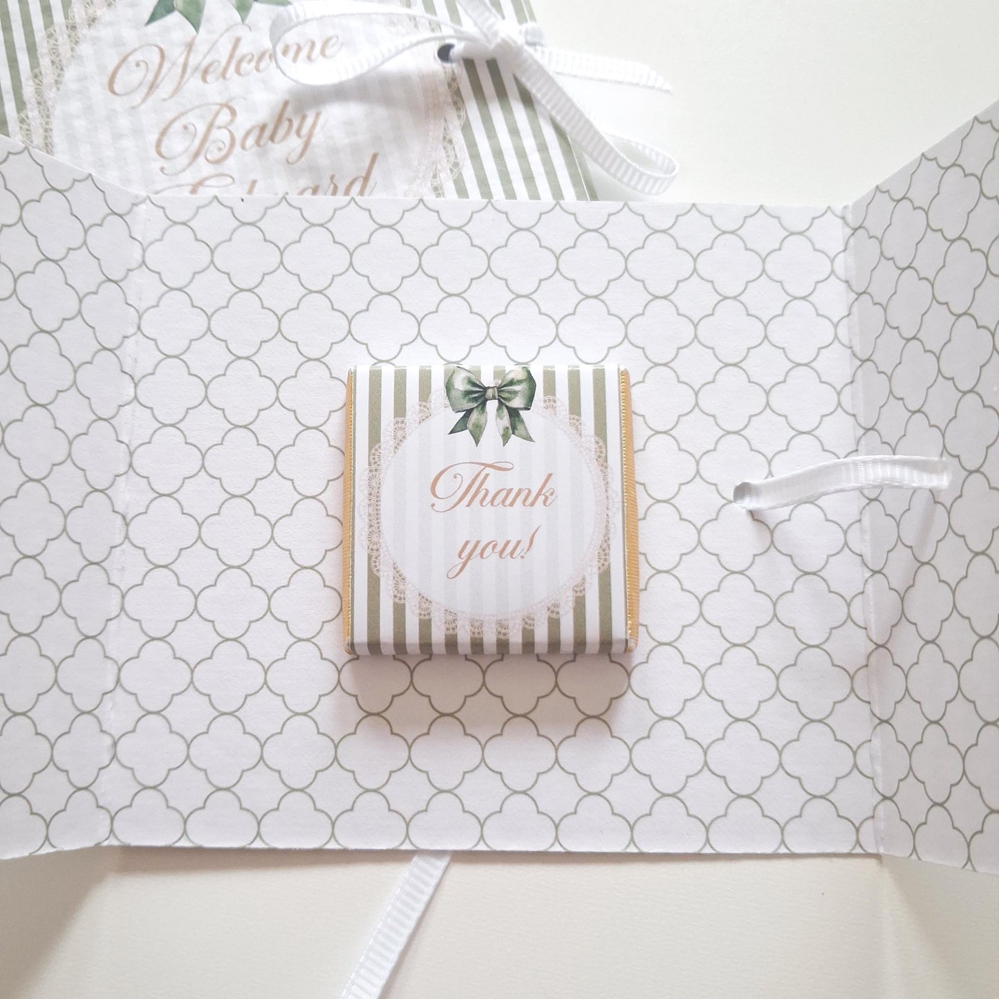 Personalised Sage Green Baby Shower Favours – Chocolate Thank-You Treats