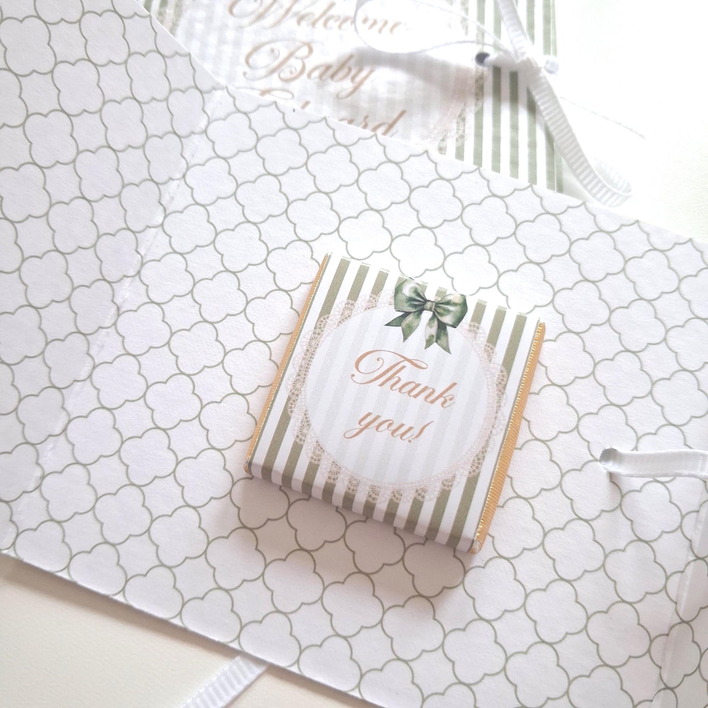 Personalised Sage Green Baby Shower Favours – Chocolate Thank-You Treats
