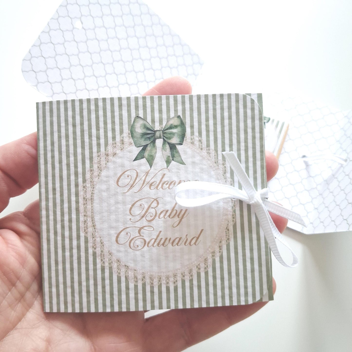 Personalised Sage Green Baby Shower Favours – Chocolate Thank-You Treats