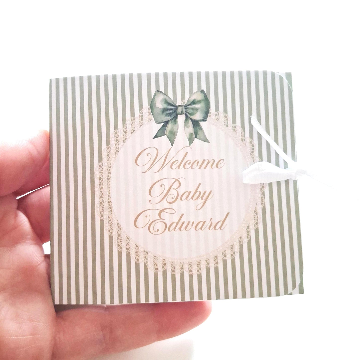 Personalised Sage Green Baby Shower Favours – Chocolate Thank-You Treats